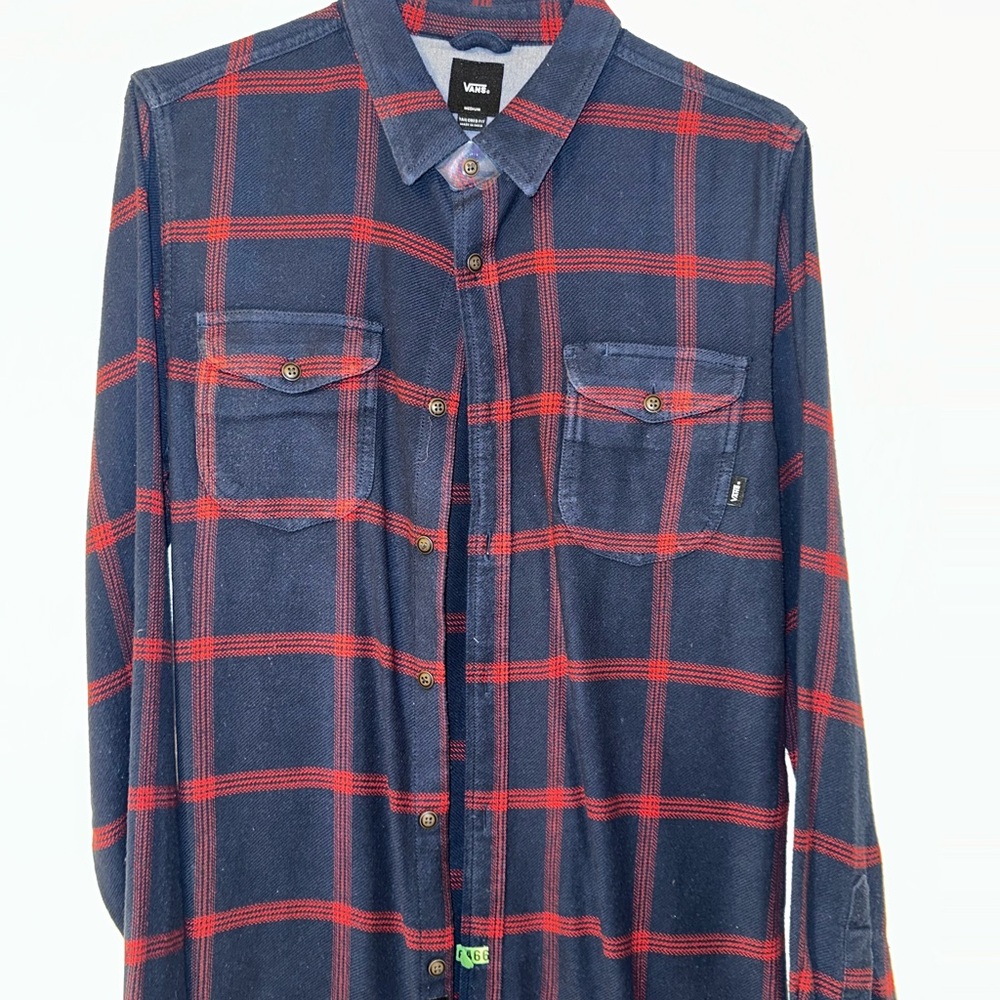 Vans Men's Casual Navy and Red Checkered Shirt